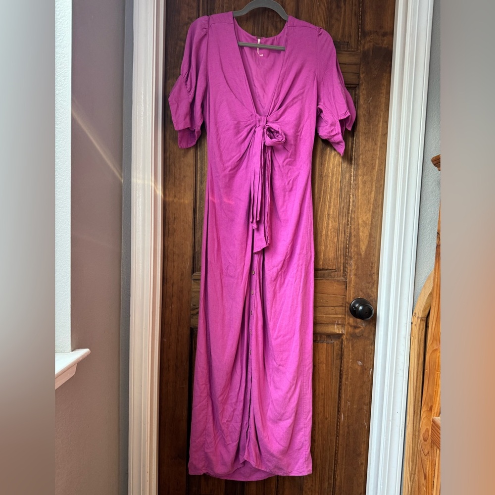 Free People Bright Pink V-Neck Maxi Dress with Front Tie